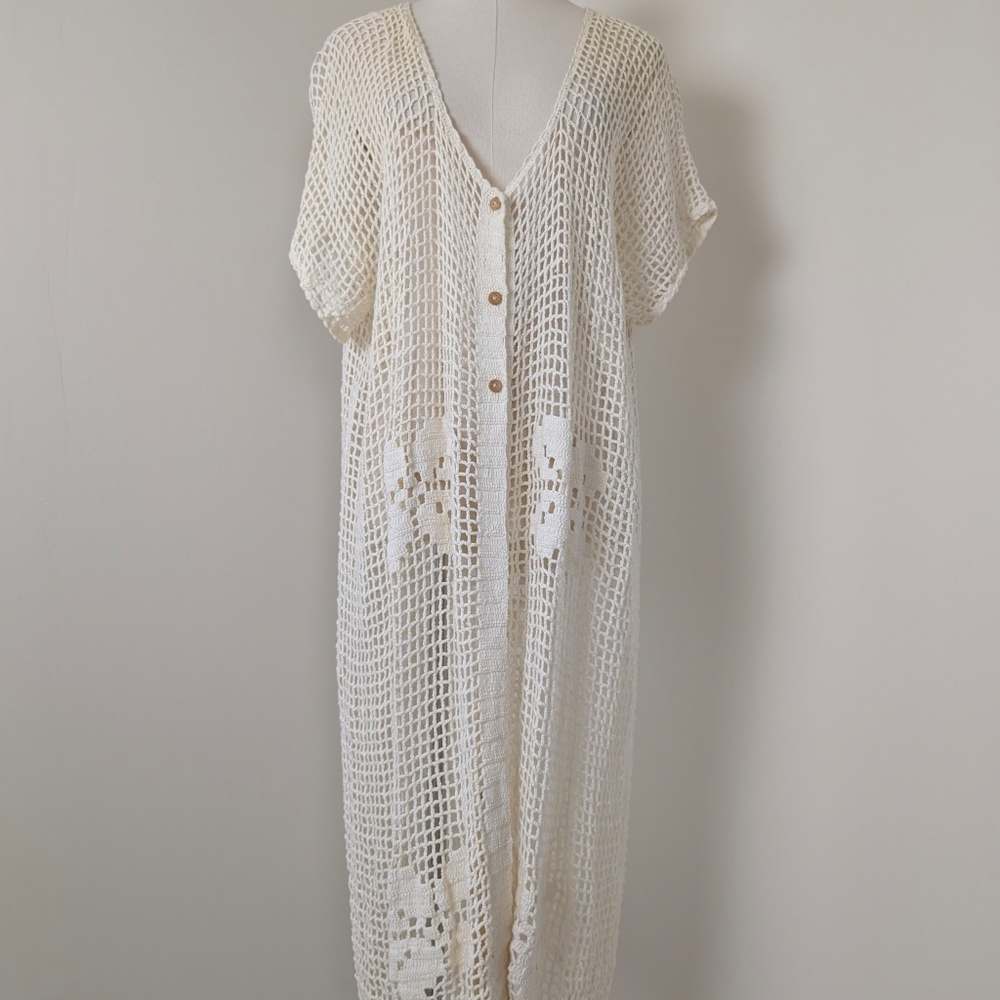 Lightweight Cream Crochet Button-Front Womens Sweater